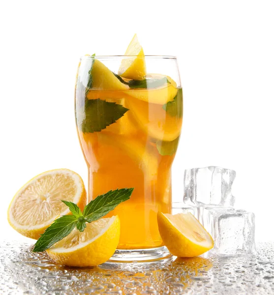 Iced tea with lemon and mint isolated on white — Stock Photo, Image