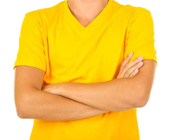 T-Shirt auf jungen Mann isoliert auf weiß — Stockfoto