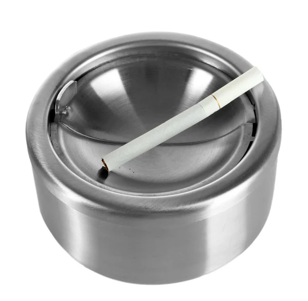 Metal ashtray and cigarette isolated on white — Stock Photo, Image