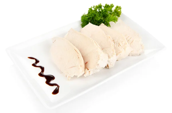 Boiled chicken meat with balsamic sauce, isolated on white — Stock Photo, Image