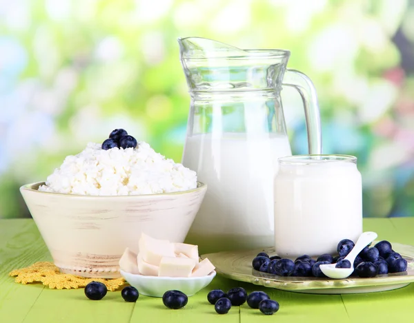 Färska mjölkprodukter med blåbär på träbord på naturliga bakgrund — Stockfoto