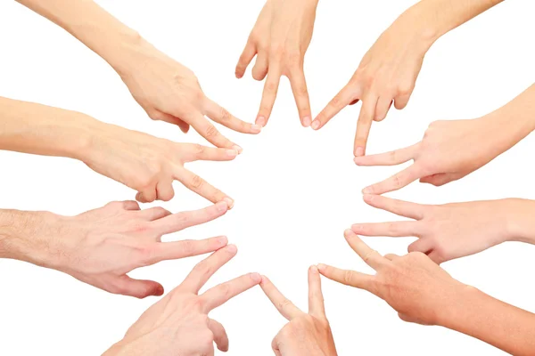 United hands isolated on white Conceptual photo of teamwork — Stock Photo, Image