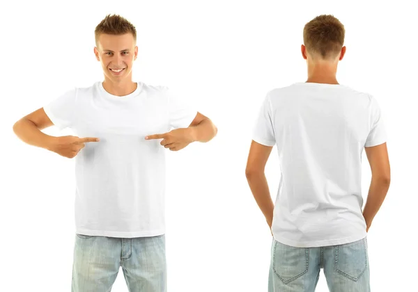 T-shirt sur jeune homme devant et derrière isolé sur blanc Photo De Stock