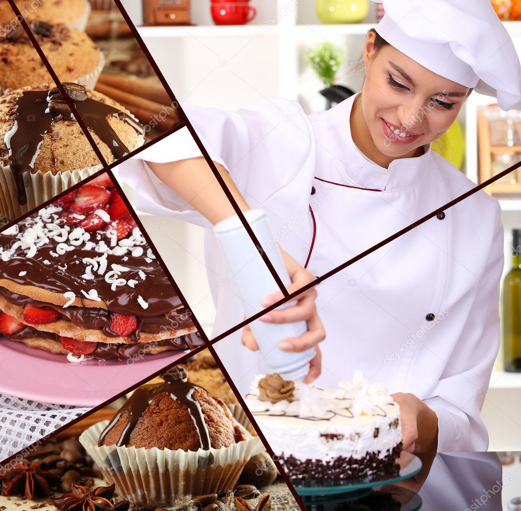 Collage of confectionery theme consisting of delicious pastries and cook