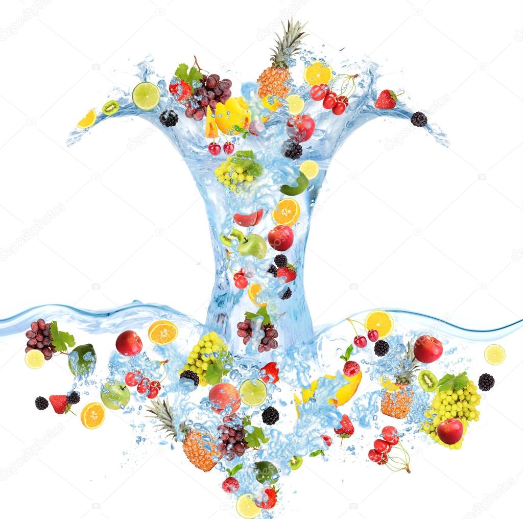 Flight of fruits and berries in water on white background