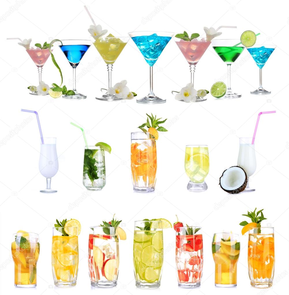 Many different alcoholic cocktails isolated on white