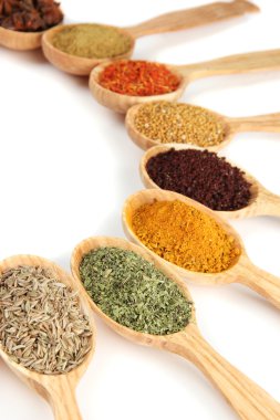 Tahta kaşıklardaki çeşitli baharatlar, beyaz kaşık üzerinde izole edilmiş.