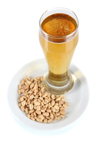 Beer in glass and nuts isolated on white — Stock Photo, Image