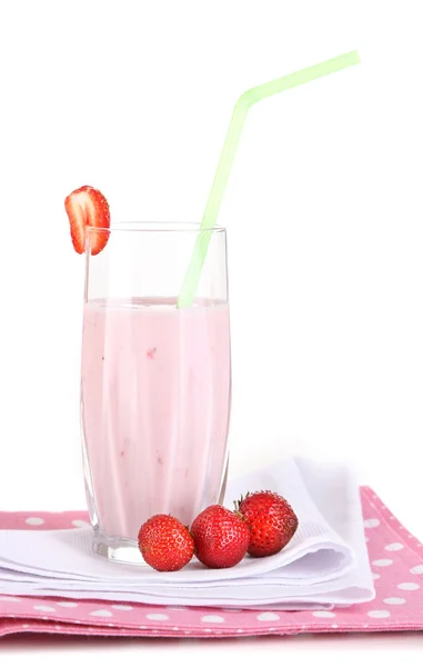 Delicious milk shake with strawberries isolated on white — Stock Photo, Image