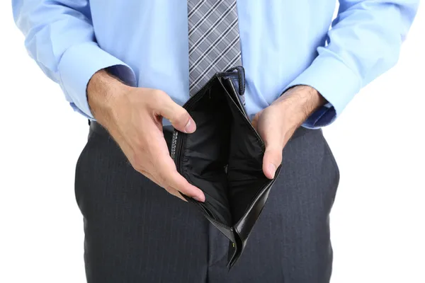 Business man showing his empty purse, isolated on white — Stock Photo, Image