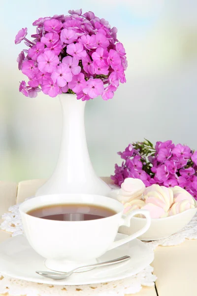 Hermoso ramo de flox con taza de té en la mesa sobre fondo claro —  Fotos de Stock