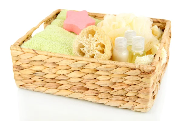 Set for spa in wicker basket, isolated on white — Stock Photo, Image