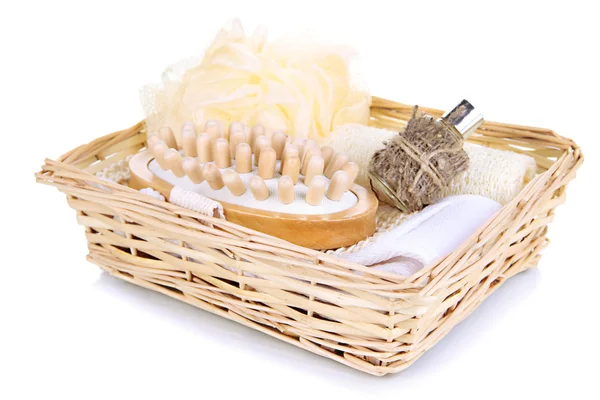 Set for spa in wicker basket, isolated on white — Stock Photo, Image