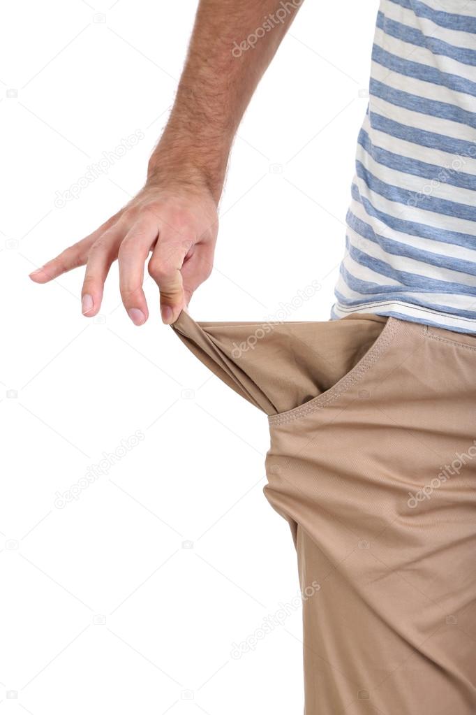 Man showing his empty pocket, isolated on white
