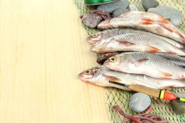 Balık ağı ahşap zemin üzerinde balıklar