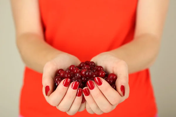 Mãos de mulher segurando cranberries vermelhas maduras, perto u — Fotografia de Stock