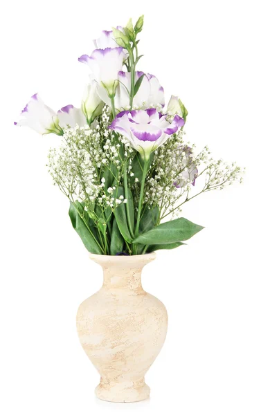 Bouquet of eustoma flowers in vase, isolated on white — Stock Photo, Image