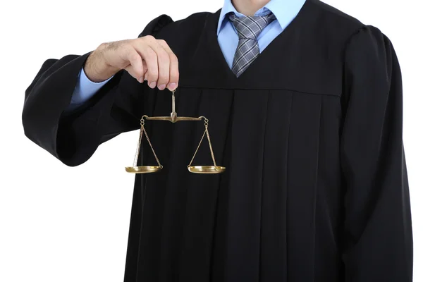 Judge holding scales isolated on white — Stock Photo, Image