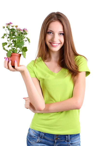 Menina bonita com flor em vaso isolado em branco — Fotografia de Stock