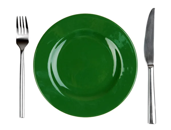 Kniv, fargeplate og gaffel, isolert på hvitt – stockfoto