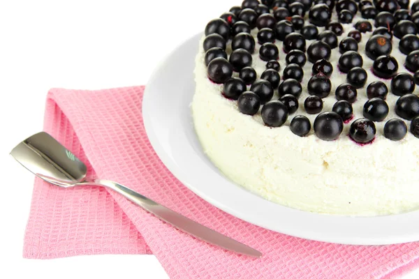 Cheesecake with fresh berries on white plate closeup — Stock Photo, Image