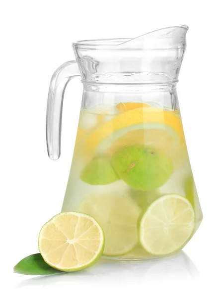 Cold water with lime, lemon and ice in pitcher isolated on white — Stock Photo, Image