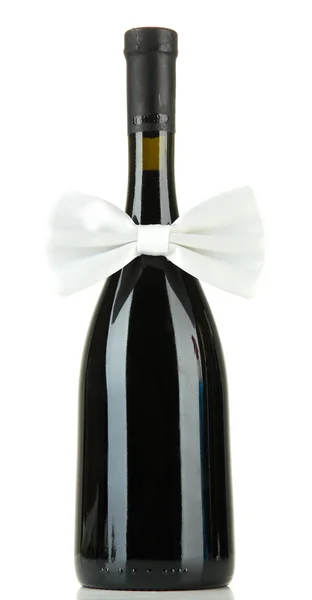 White bow tie on wine bottle isolated on white — Stock Photo, Image