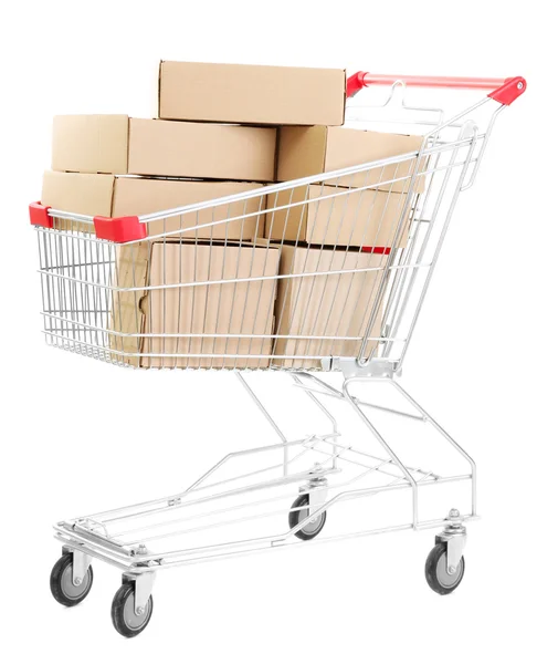 Shopping cart with carton, isolated on white — Stock Photo, Image