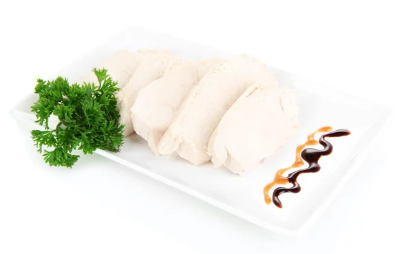 Boiled chicken meat with balsamic sauce, isolated on white — Stock Photo, Image