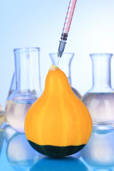 Injection into fresh pumpkin on blue background — Stock Photo, Image