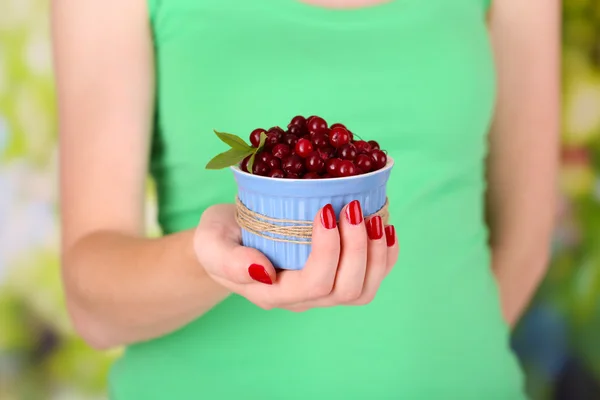 Woman hands holding bowl of ripe red cranberries, close u — Stock Photo, Image