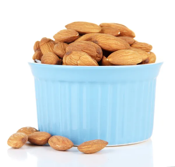 Almond in bowl, isolated on white — Stock Photo, Image