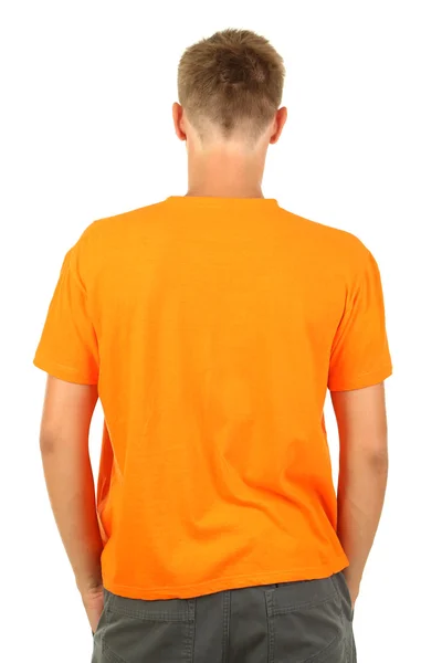 T-Shirt auf jungen Mann isoliert auf weiß — Stockfoto