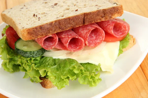 Gustoso panino con salsiccia di salame e verdure su piatto bianco, su fondo di legno — Foto Stock
