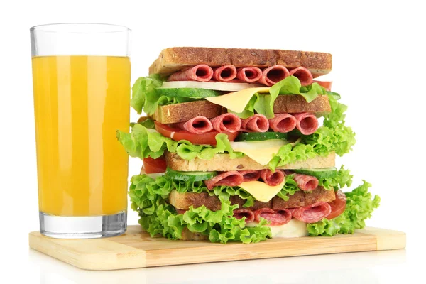 Huge sandwich on wooden board, isolated on white — Stock Photo, Image