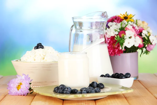 Frische Milchprodukte mit Blaubeeren auf Holztisch in Großaufnahme — Stockfoto