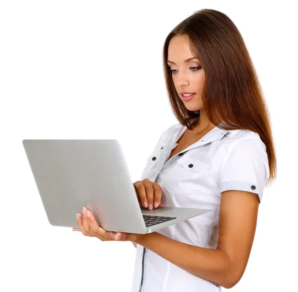 美丽的年轻商业女人用隔离在白色的笔记本电脑 — 图库照片