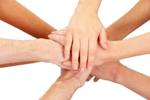 United hands isolated on white Conceptual photo of teamwork — Stock Photo, Image