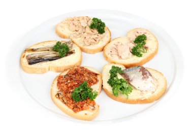 ton balığı ve morina karaciğer sardalye farklı tür konserve balık, beyaz izole lezzetli sandviçler