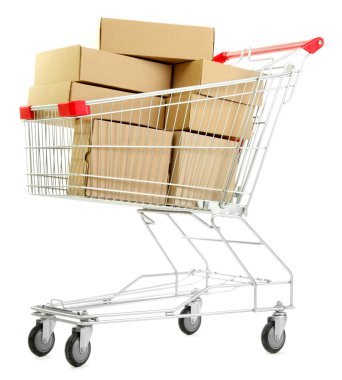 alışveriş sepeti ile üzerine beyaz izole karton