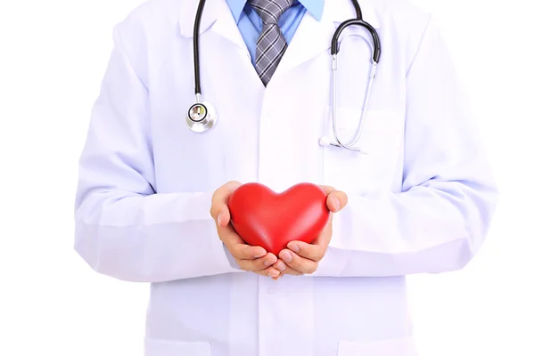 Medical doctor holding heart isolated on white — Stock Photo, Image