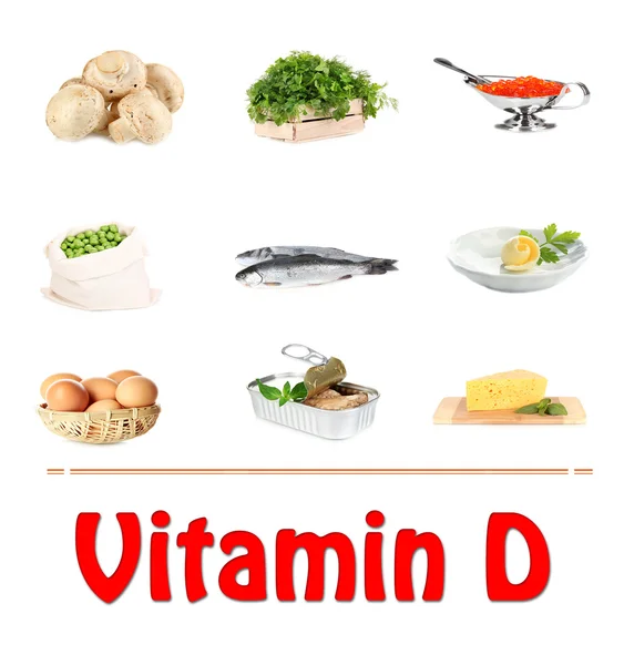 Fonti alimentari di vitamina D, isolate su bianco — Foto Stock