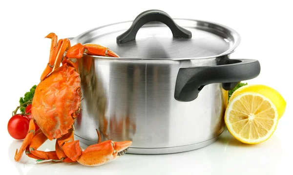 Composition with boiled crab, pan and vegetables isolated on white — Stock Photo, Image