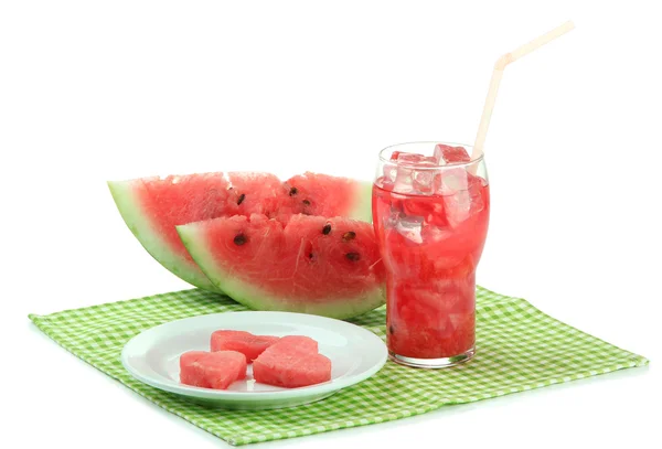 Fresh watermelon and glass of watermelon juice isolated on white — Stock Photo, Image