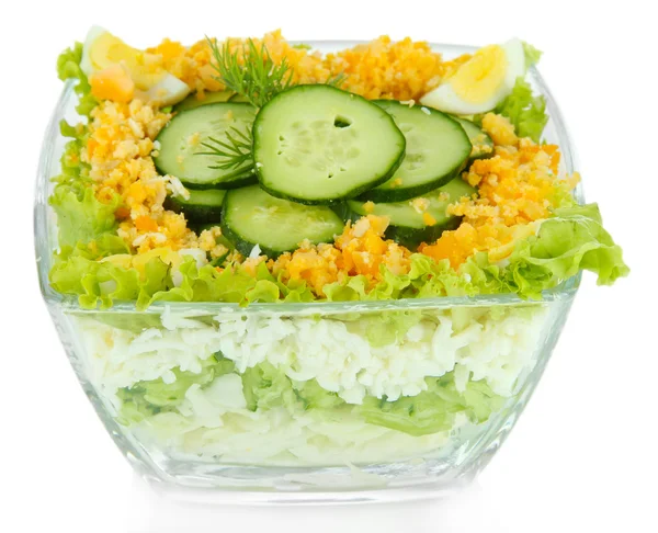 Delicious salad with eggs, cabbage and cucumbers, isolated on white — Stock Photo, Image