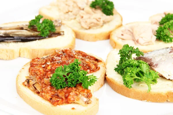 美味三明治与金枪鱼和鳕鱼肝沙丁鱼不同种类的鱼罐头，孤立在白色 — 图库照片