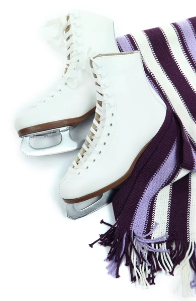 Figure skates with scarf isolated on white — Stockfoto