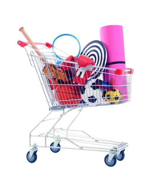 Shopping cart with sport equipment, isolated on white — Stock Photo, Image