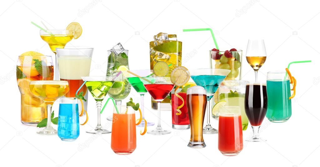 Lot of different cocktails and drinks isolated on white