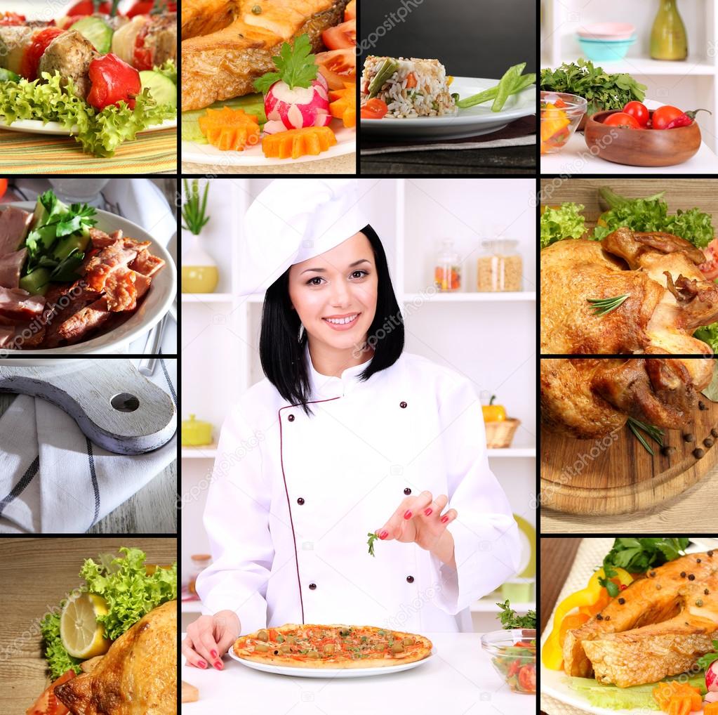 Collage on culinary theme consisting of delicious dishes and cooks